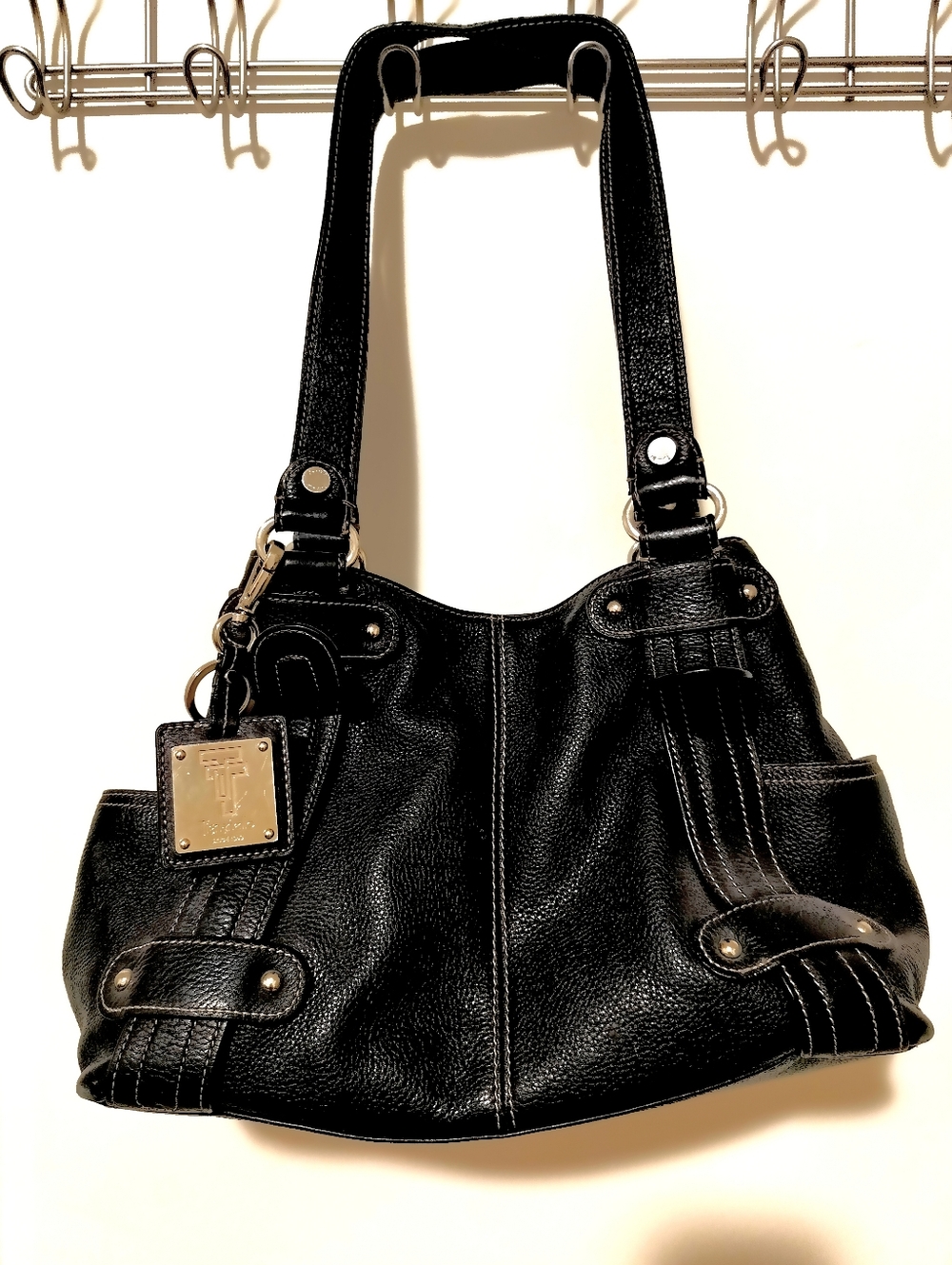 Tignanello Black Leather Shoulder Bag with Silver Hardware